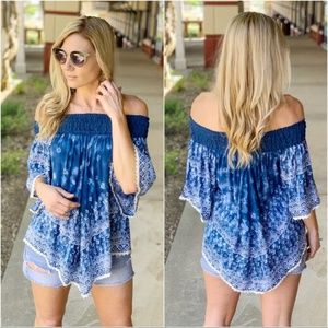 Infinity Raine Tops - Blue Off Shoulder Lace Trim Tunic Infinity Raine Tops - Blue Off Shoulder Lace Trim Tunic